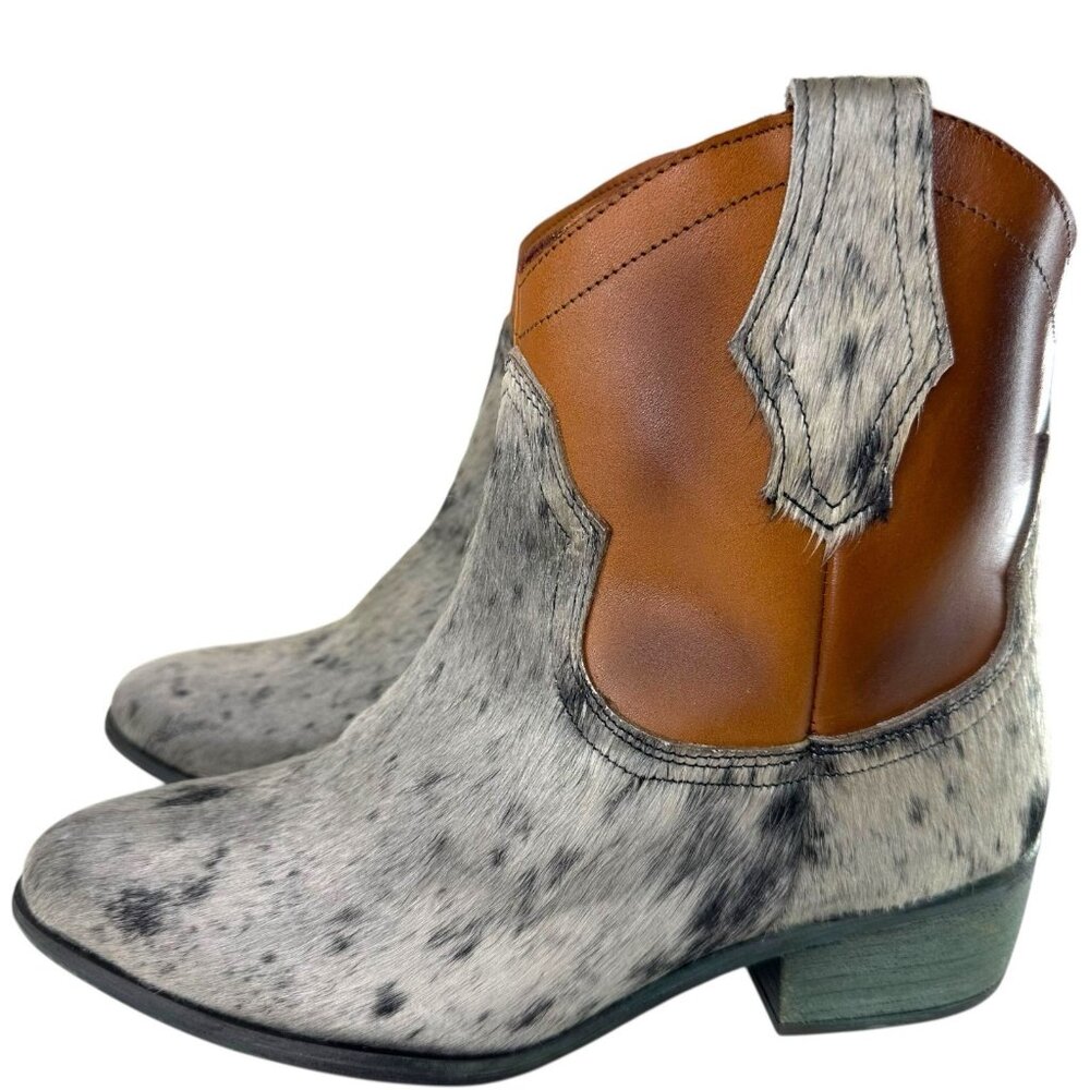 Alcalas Johnny Women Silver Brown Cow Hair-On-Hide Leather Cowboy Boots Size 8.5